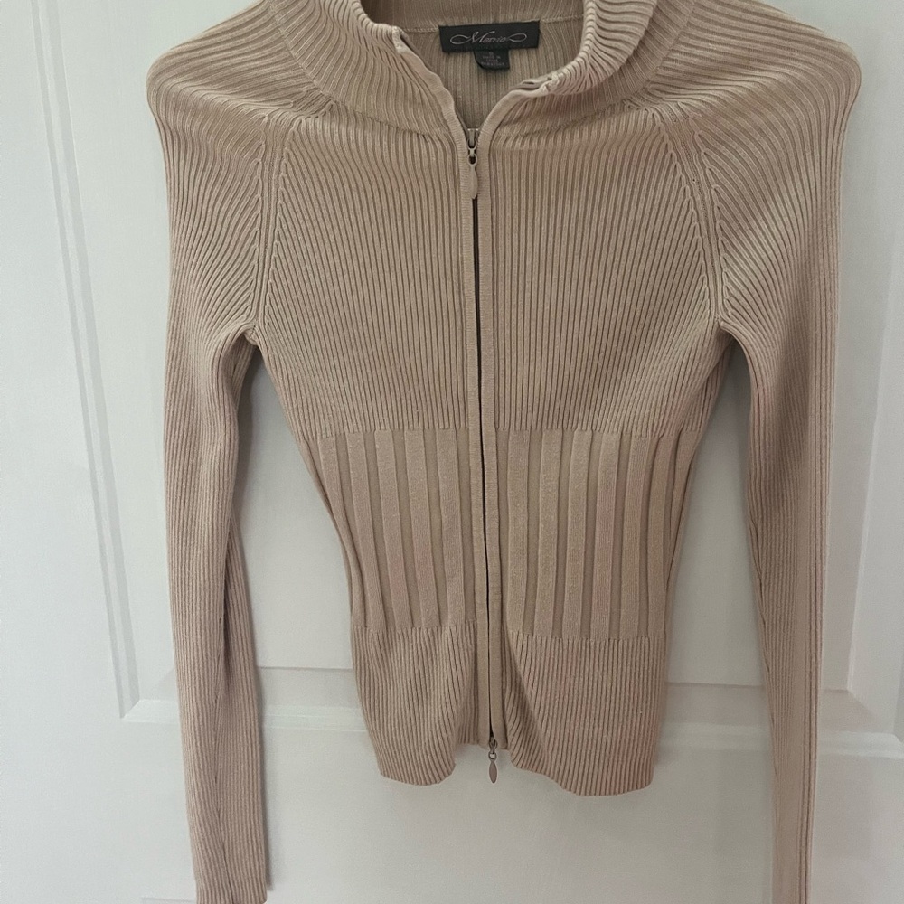 Moxie Ribbed Zip-Front Cardigan in Light Beige